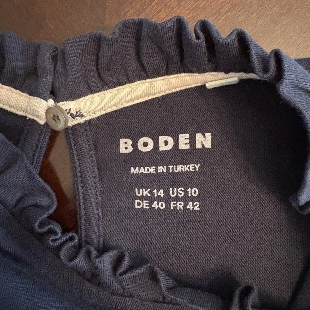 Boden Ruffle Neck Puff Sleeve Top Navy US 10 Stretch Modal Minimalist Boho